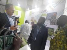   Climate Change Director Mike Waiwai and Director Ravo (r) seeking information at the Adaptation Pavilion By Anita Roberts 